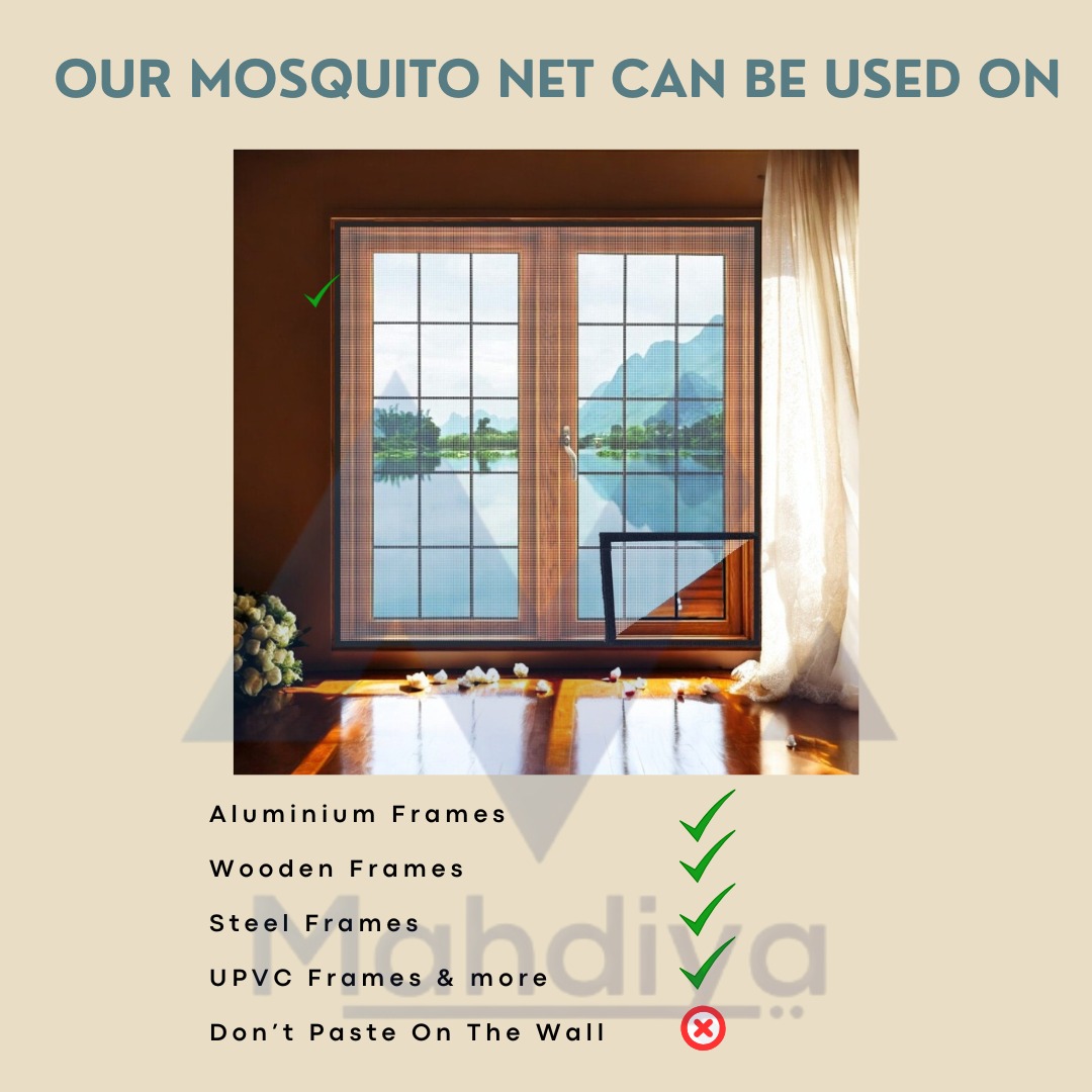 Mahdiya mosquito net fitted to a wooden window frame, showing the corner flap open